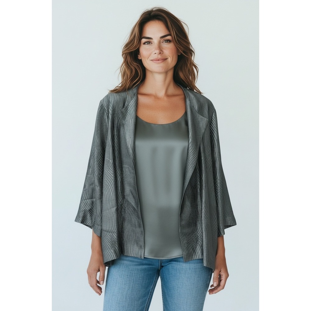 Eileen Fisher Silk Blend Textured Open Front Jacket Grey Metallic XL RN78121